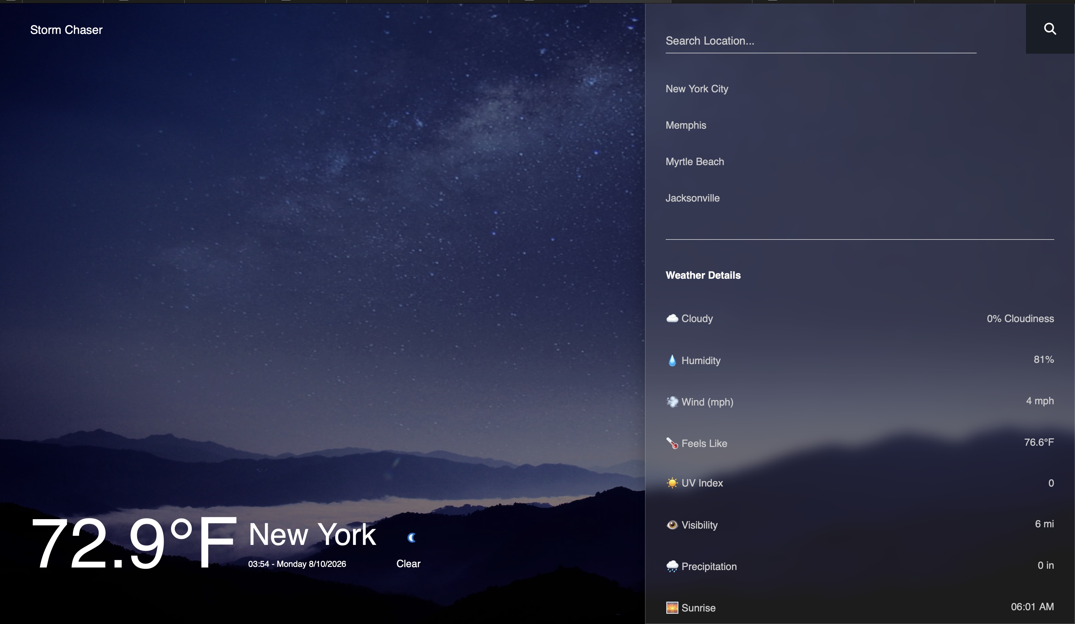 Storm Chaser weather app nighttime dashboard